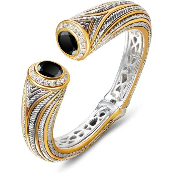 Women Gold Black Tone Elegant Designer Inspired Unique Spring Open Cuff Bangle - Picture 1 of 6